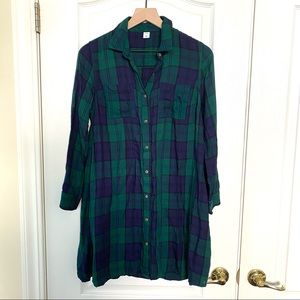 Old Navy green and blue plaid button down tunic shirt dress